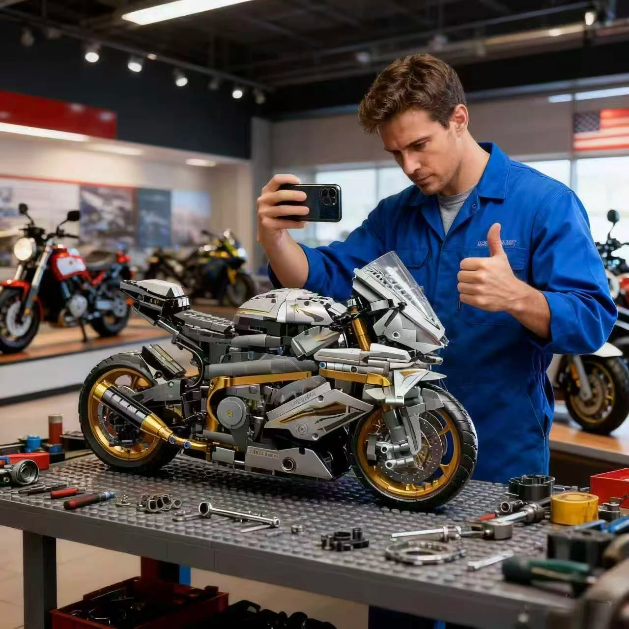 Person in a blue jumpsuit working on a motorcycle model in a workshop.