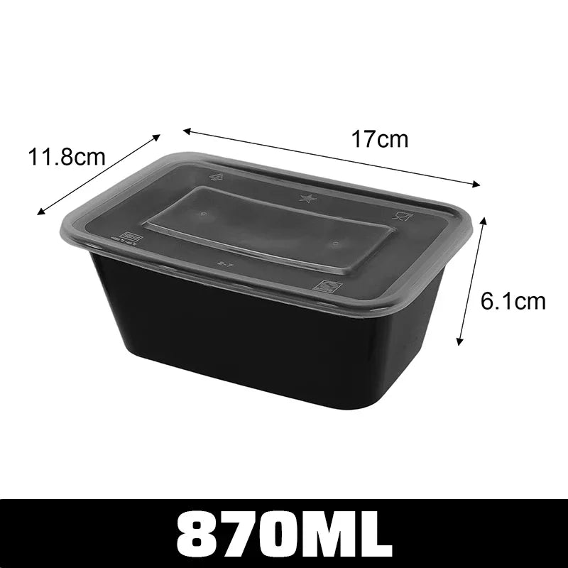 Black food container with measurements on a white background