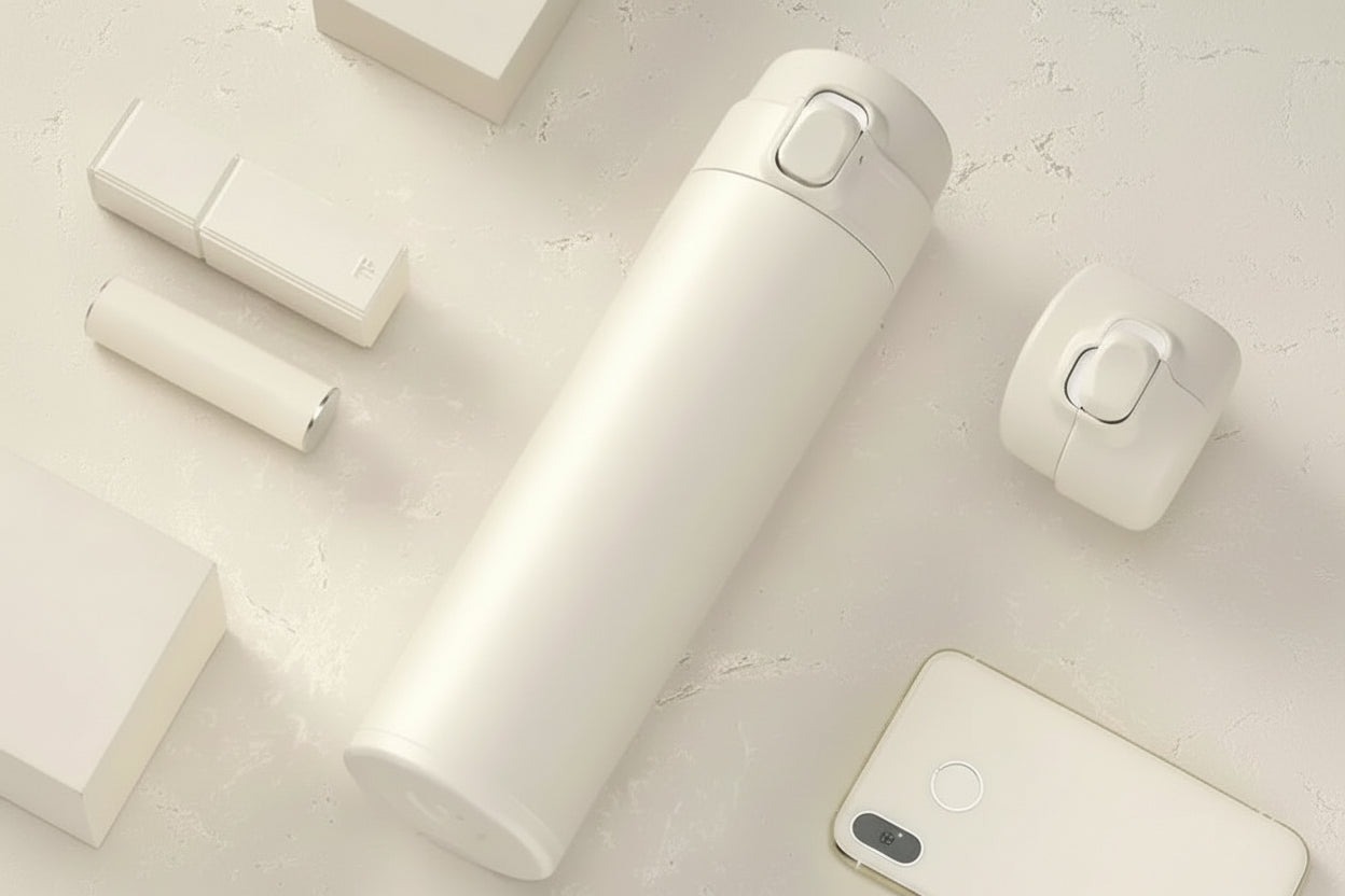 White thermos bottle on a light gray surface with text indicating capacity and color.