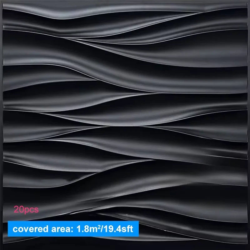 Black wavy patterned wall panel with text indicating quantity and area covered.
