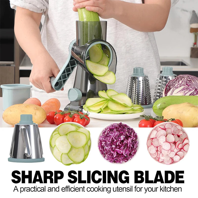 Person using a vegetable slicer with sliced vegetables displayed on a kitchen counter.