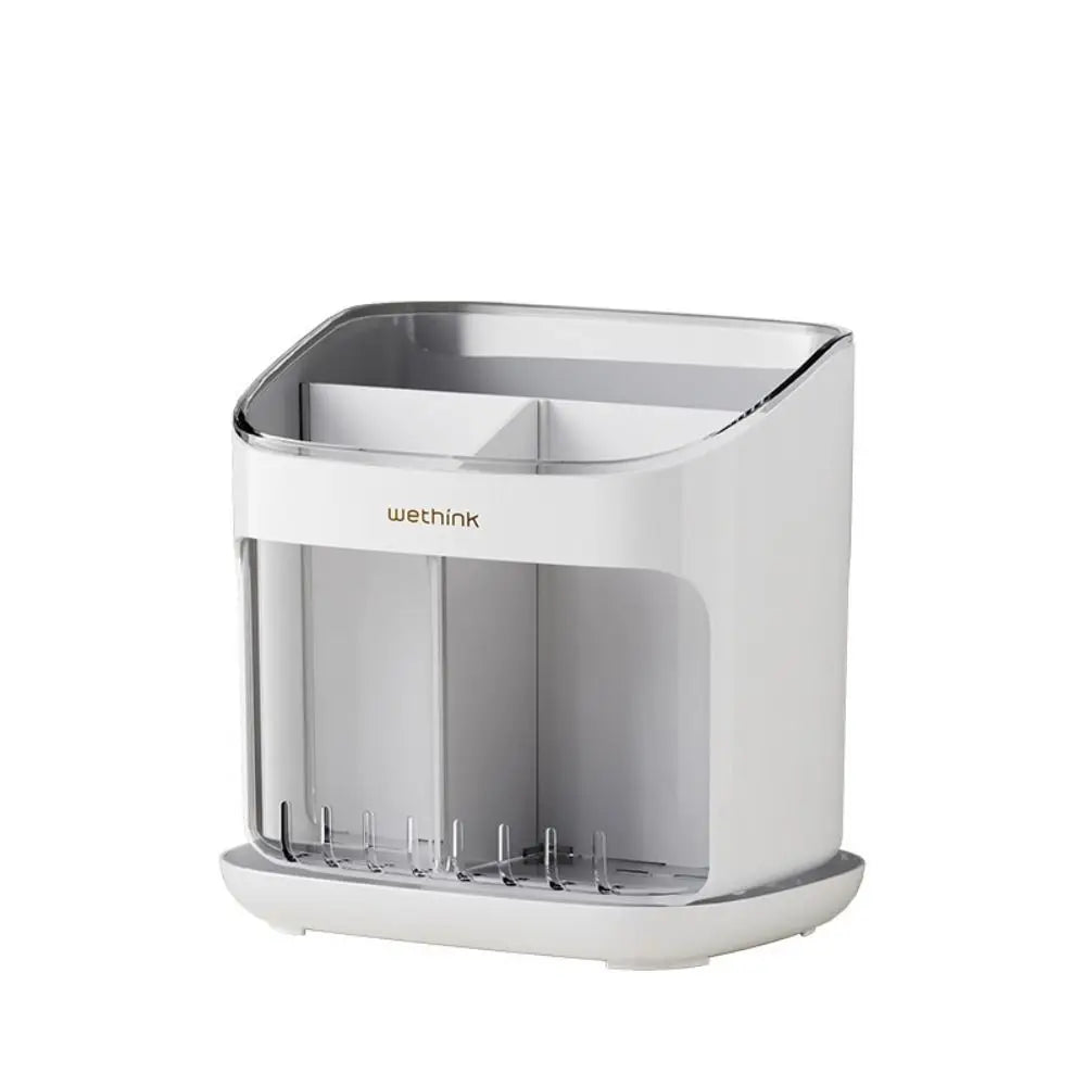 White and silver corner desk organizer with 'wethink' branding on a white background