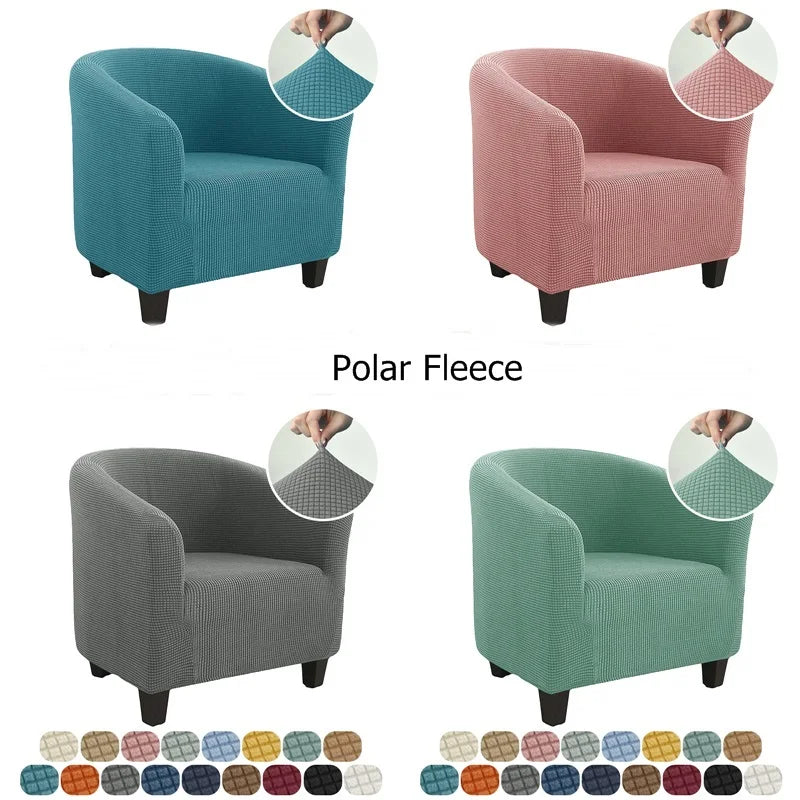Four armchairs in different colors with close-up of fabric texture, labeled 'Polar Fleece'.