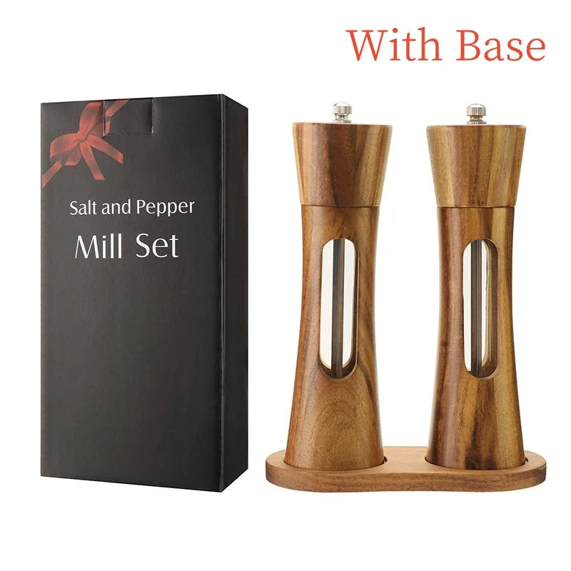 Wooden salt and pepper mill set with a black gift box labeled 'Salt and Pepper Mill Set' on a white background.