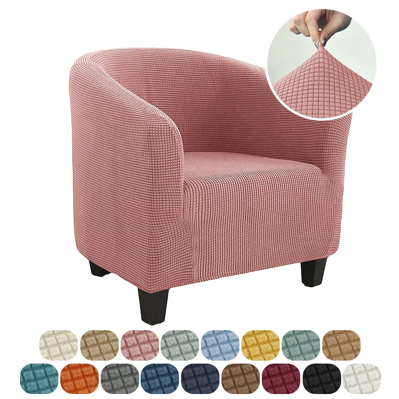 Pink armchair with a close-up of the fabric texture and color swatches below.