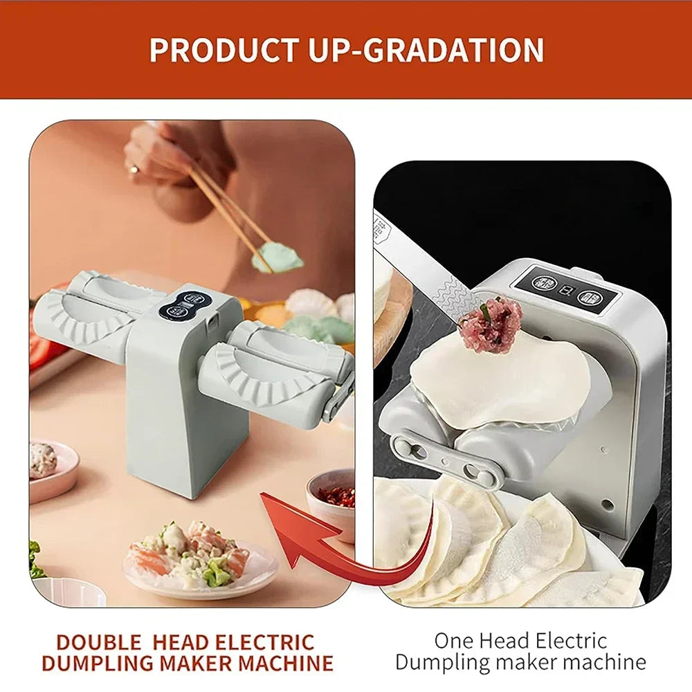 Double head electric dumpling maker machine with text indicating product upgrade.