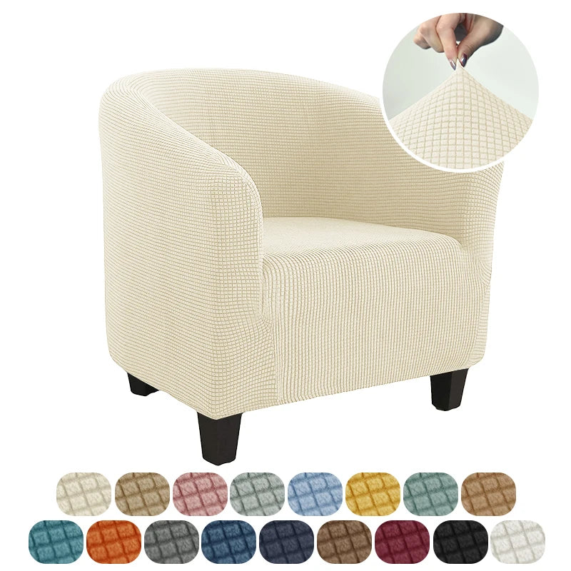 Beige armchair with a close-up of the fabric texture and color swatches below.
