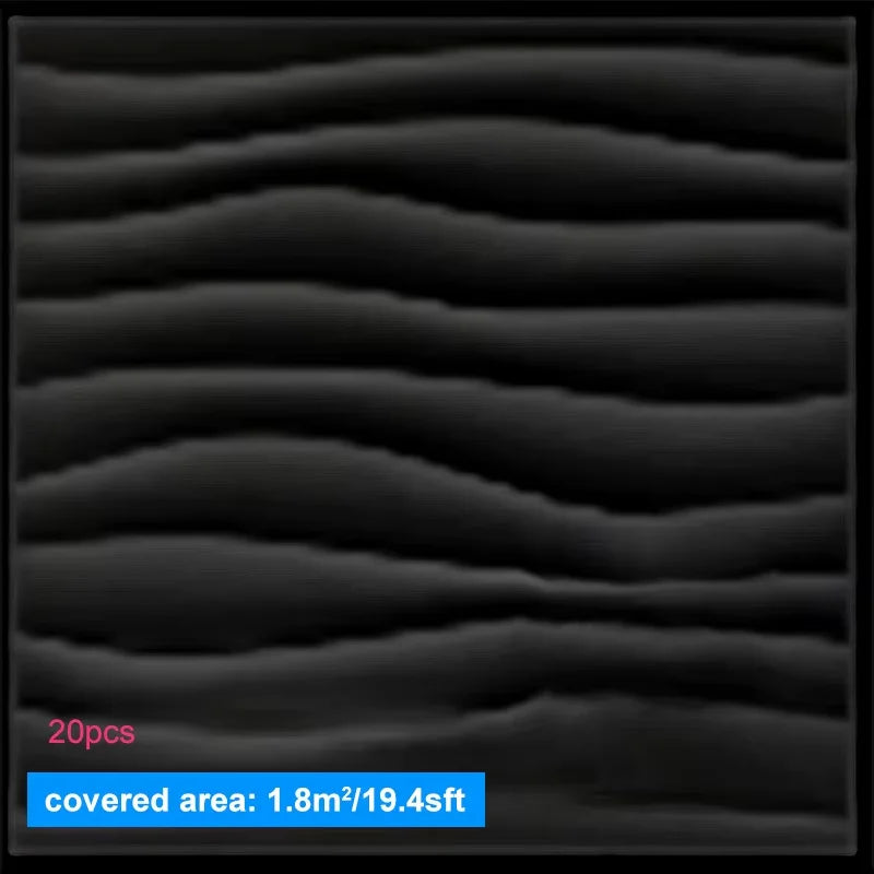 Wavy black material with text indicating quantity and covered area