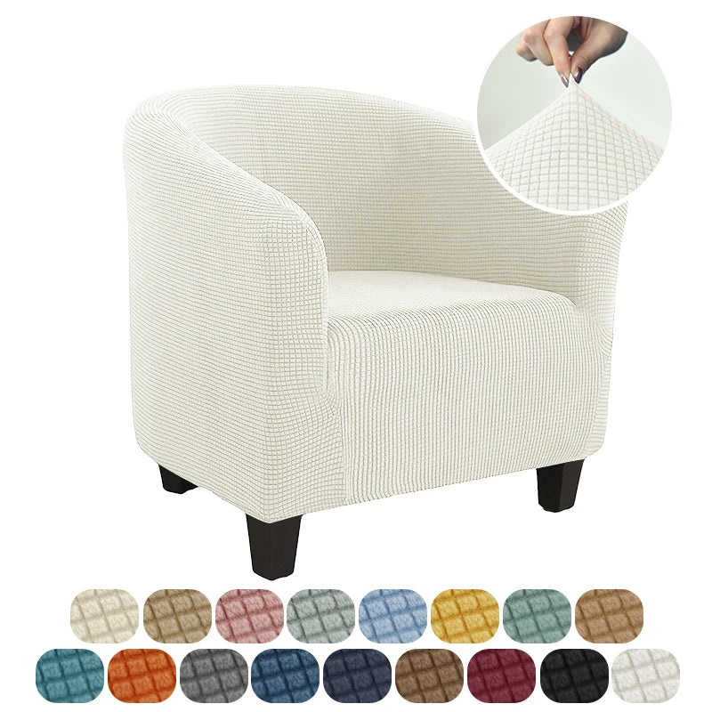 White armchair with a textured cover and color swatches below.