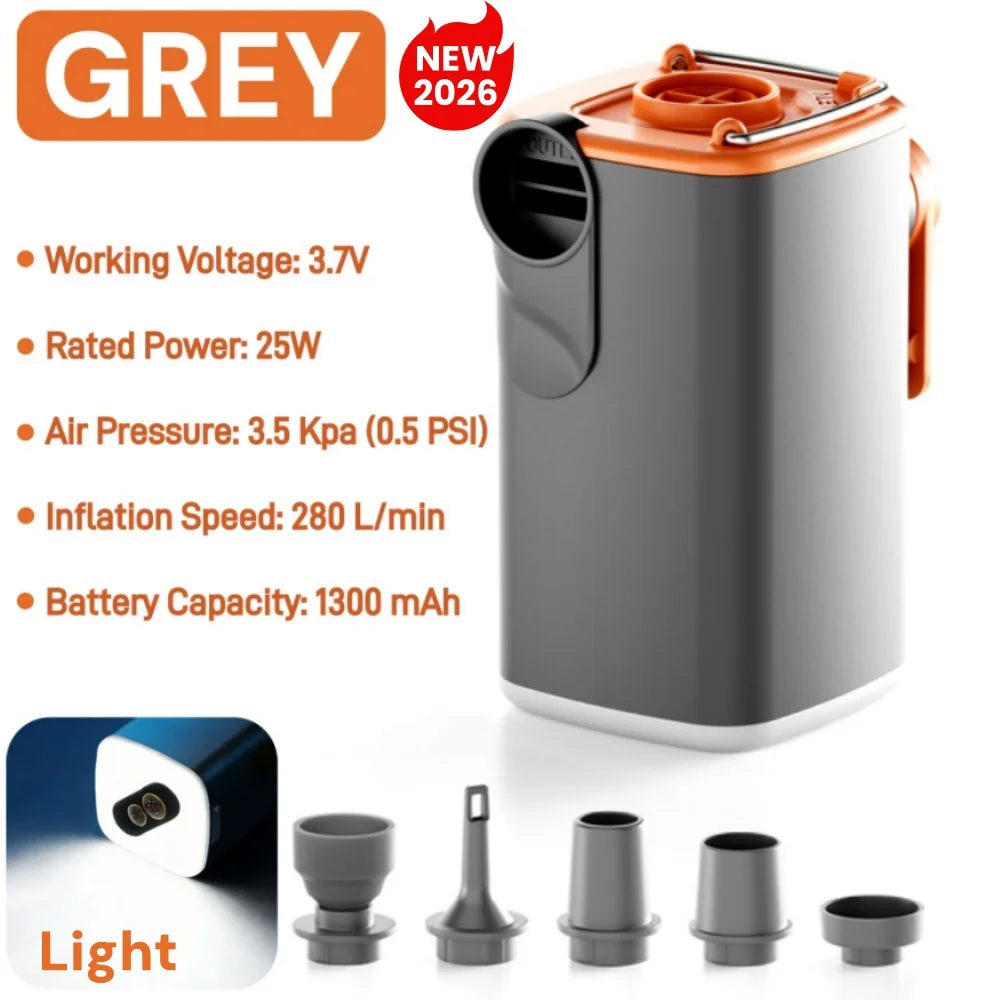 Gray and orange air pump with specifications and attachments on a white background