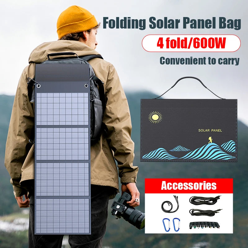 Person carrying a folding solar panel bag with additional images of the product and accessories.