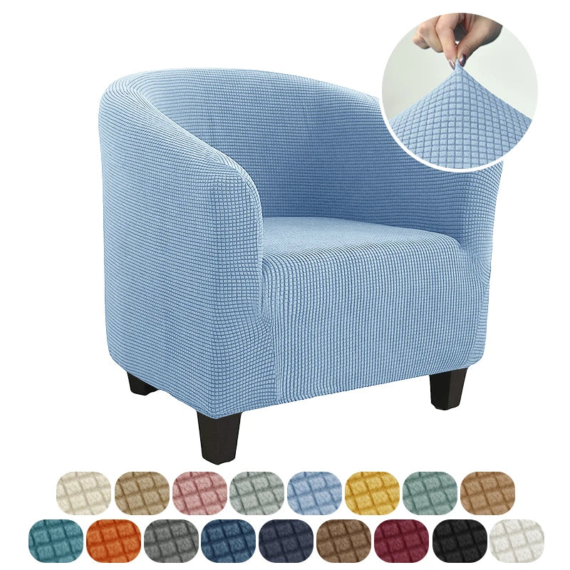 Blue armchair with a close-up of a fabric swatch and color options displayed below.