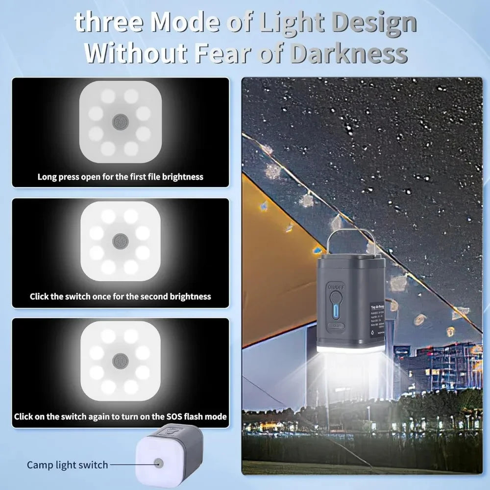 Lighting device with three brightness modes shown on a screen, with a night scene in the background.