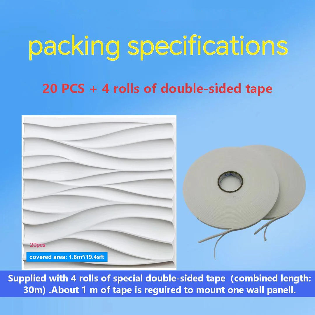 Packing specifications for wall panels with double-sided tape on a blue background