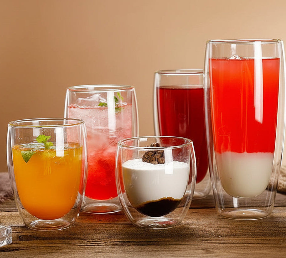Set of glass tumblers with different beverages on a wooden surface, with promotional text overlay.