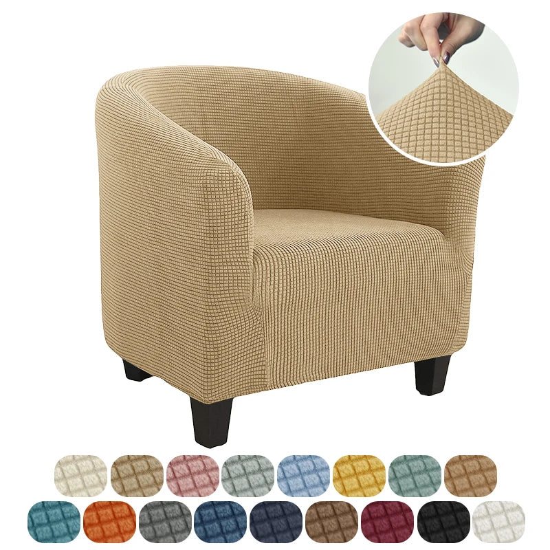 Beige armchair with a close-up of a fabric swatch and color options displayed below.