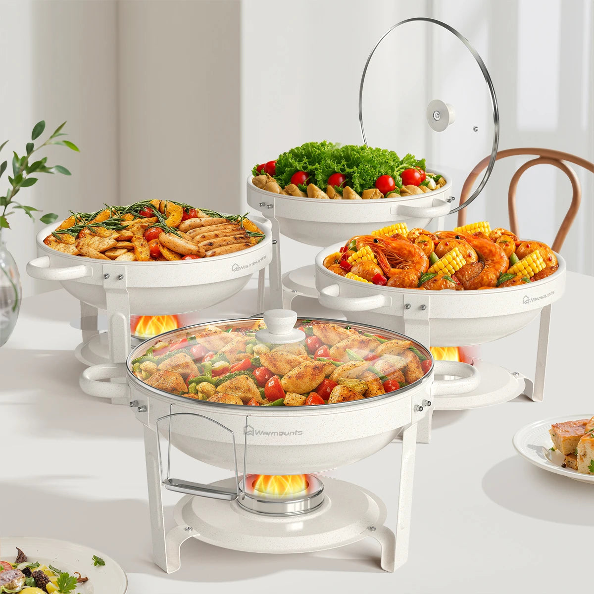 Buffet setup with various dishes on a white table