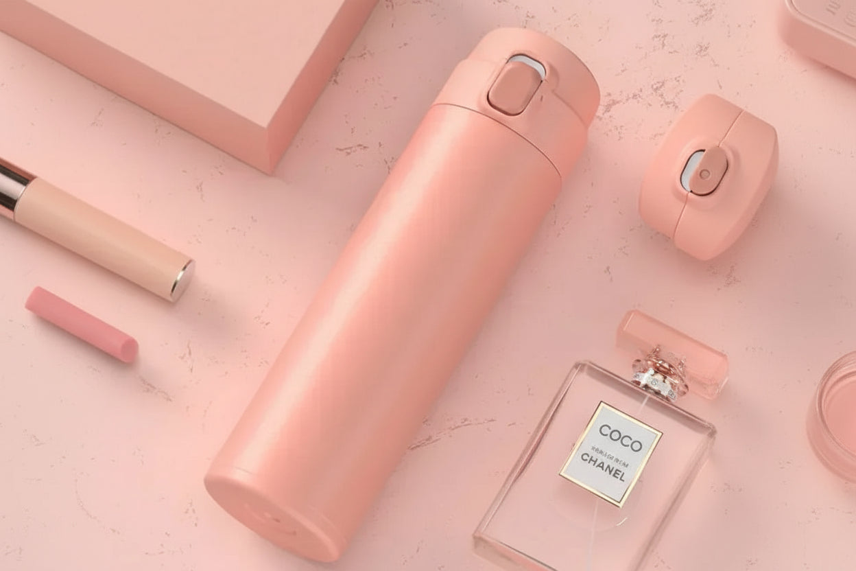 Pink thermos bottle on a pink surface with 'COCO' branding