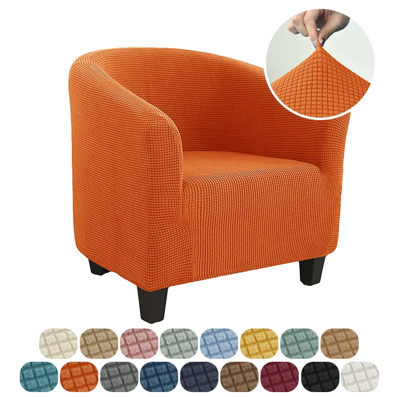 Orange armchair with a close-up of a fabric swatch and color options below.