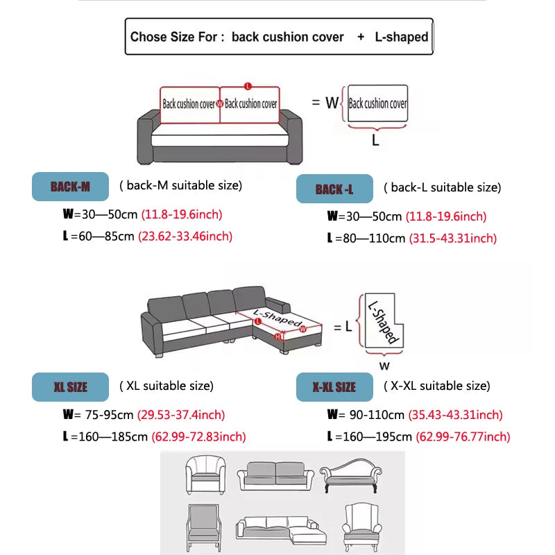 Size chart for back cushion covers and L-shaped sofa dimensions on a white background