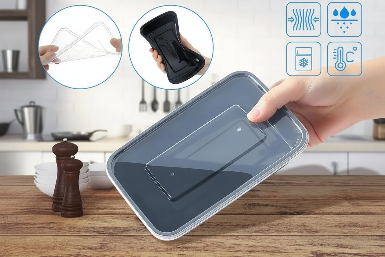 Hand holding a food container with a close cover, showing features on a kitchen counter.