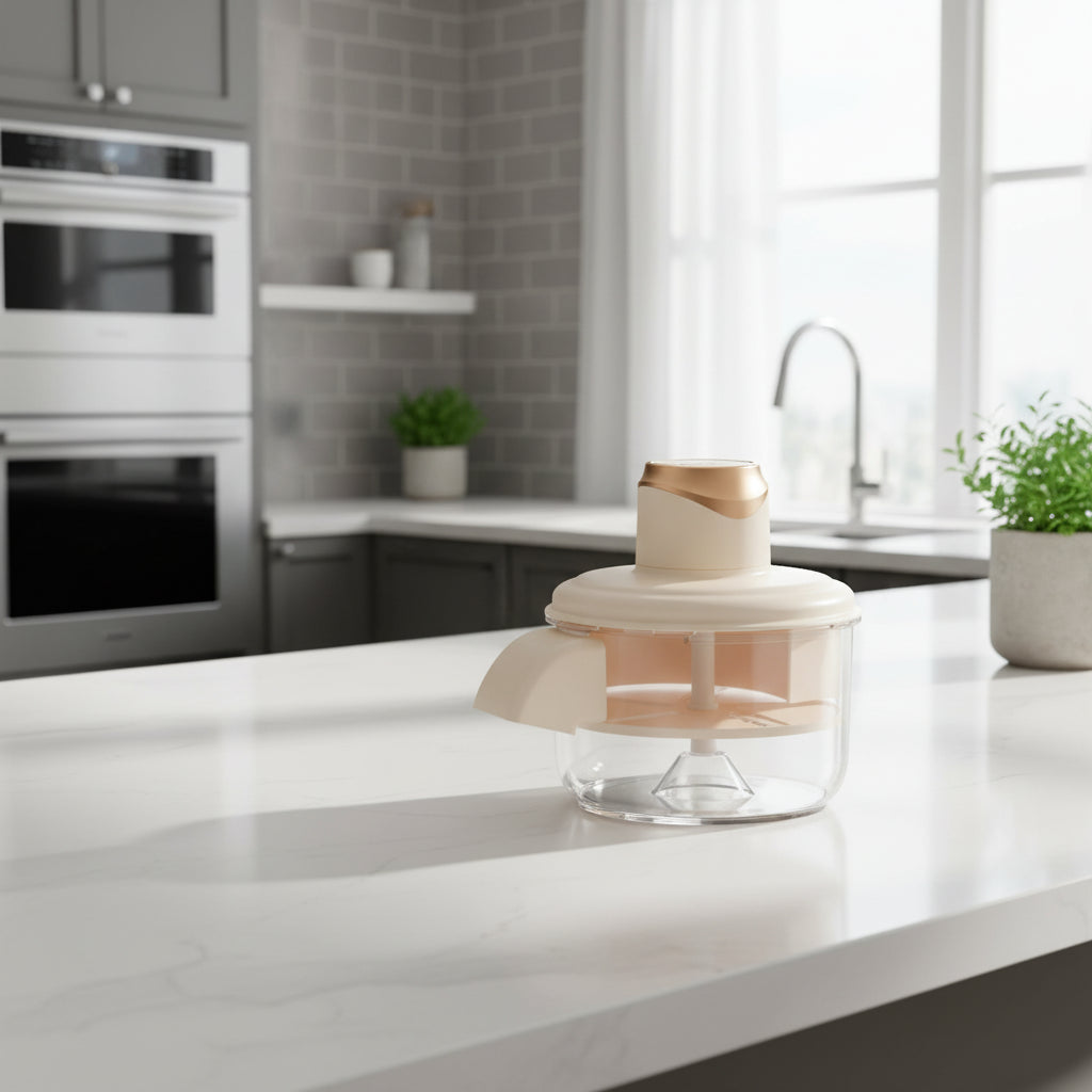 Clear kitchen chopper with beige lid on a white background