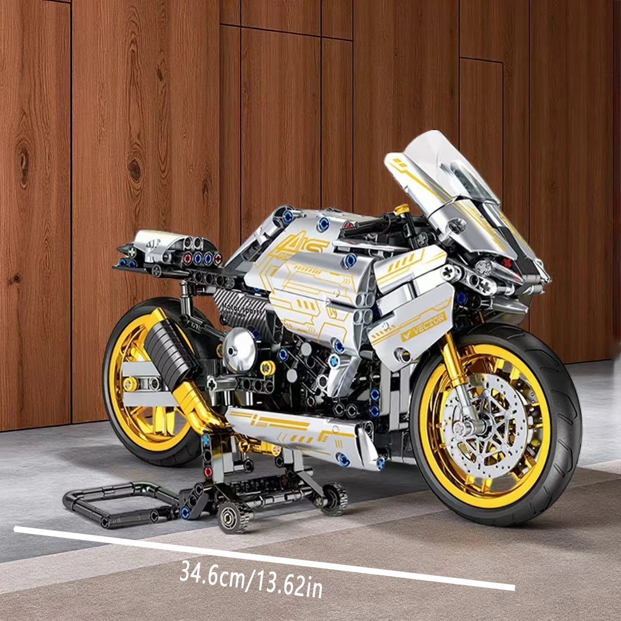 Model motorcycle built from interlocking bricks against a wooden background