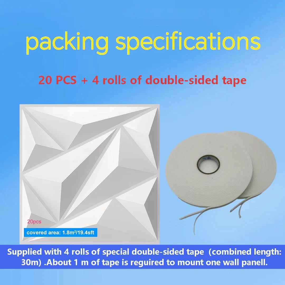 Packaging specifications with wall panels and double-sided tape on a blue background