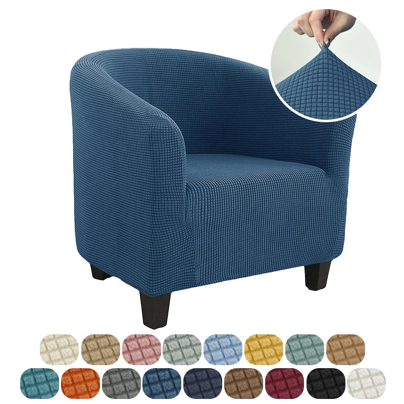 Blue armchair with a close-up of the fabric texture and color swatches below.