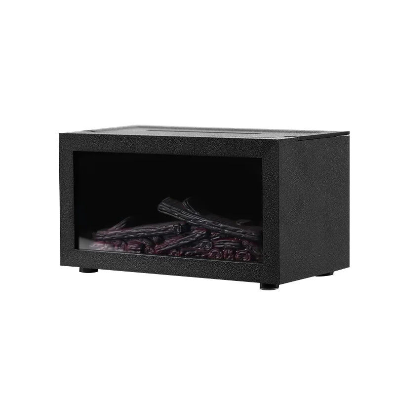 Black electric fireplace insert with decorative logs on a white background