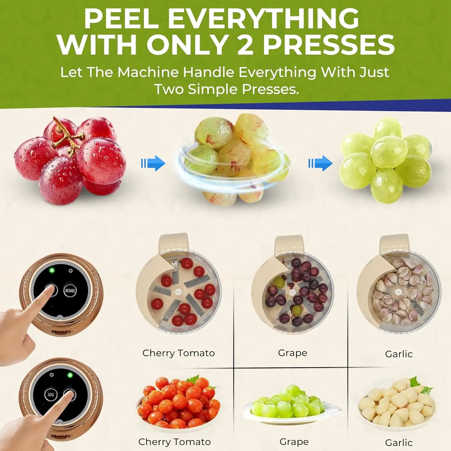 Fruit and vegetable peeling machine with images of fruits and vegetables being peeled.