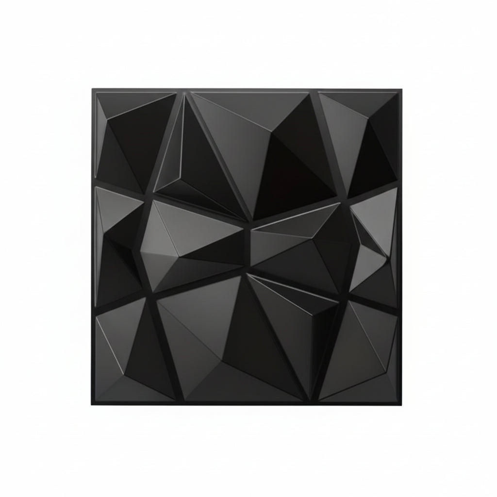Packaging of black 3D wall decor panels with a geometric pattern, labeled as 20 pieces.