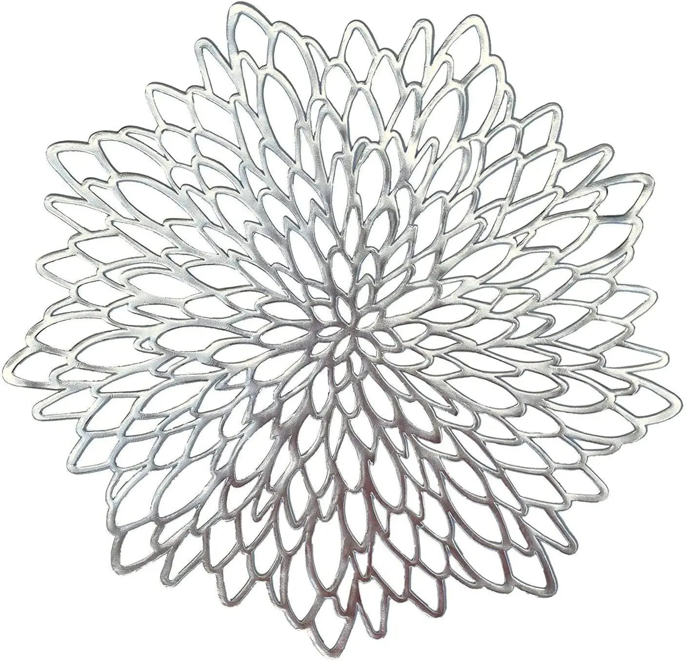 Decorative metal wall art with a floral pattern on a white background