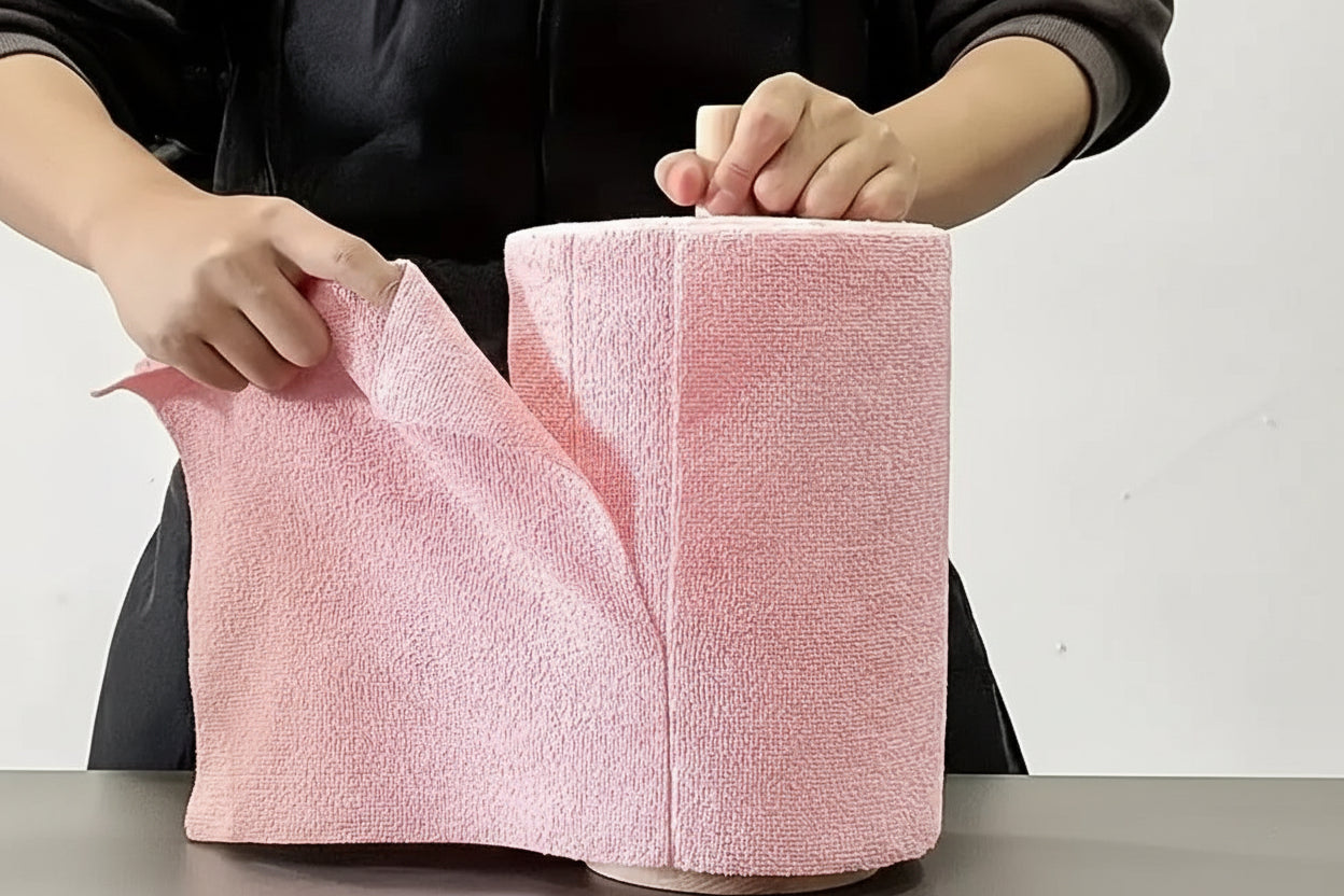 Person unrolling a pink towel with text indicating quantity on a white background