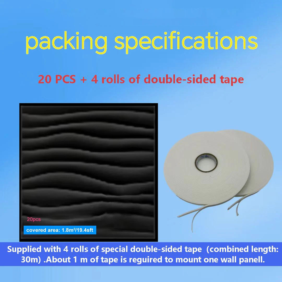 Packing specifications for wall panels with double-sided tape on a blue background