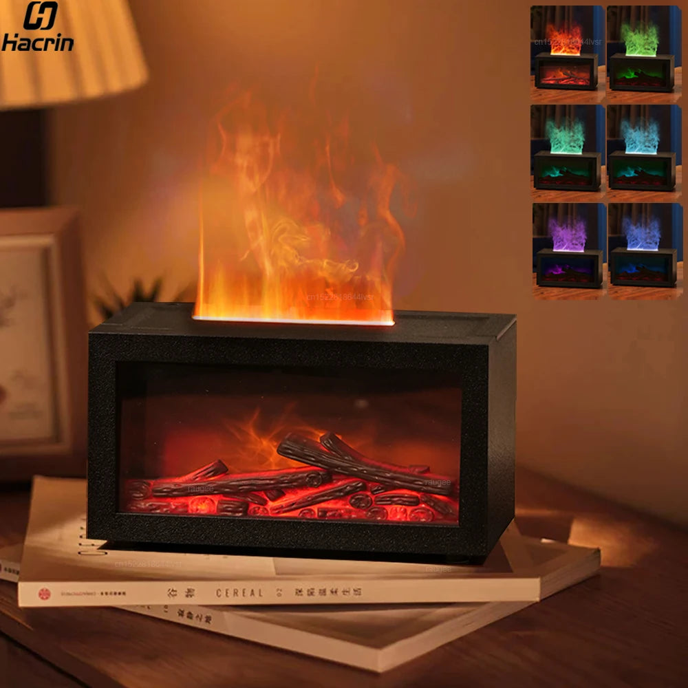 Black electric fireplace with flames on a wooden surface, surrounded by books and decorative items.