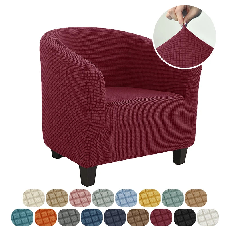 Red armchair with a close-up of the fabric texture and color swatches below.