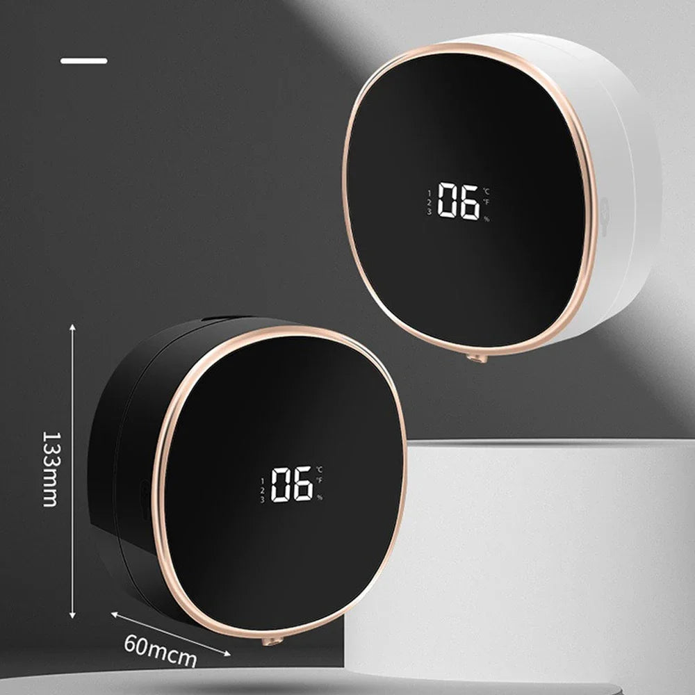 Two round electronic devices with digital displays on a gray background, showing dimensions.