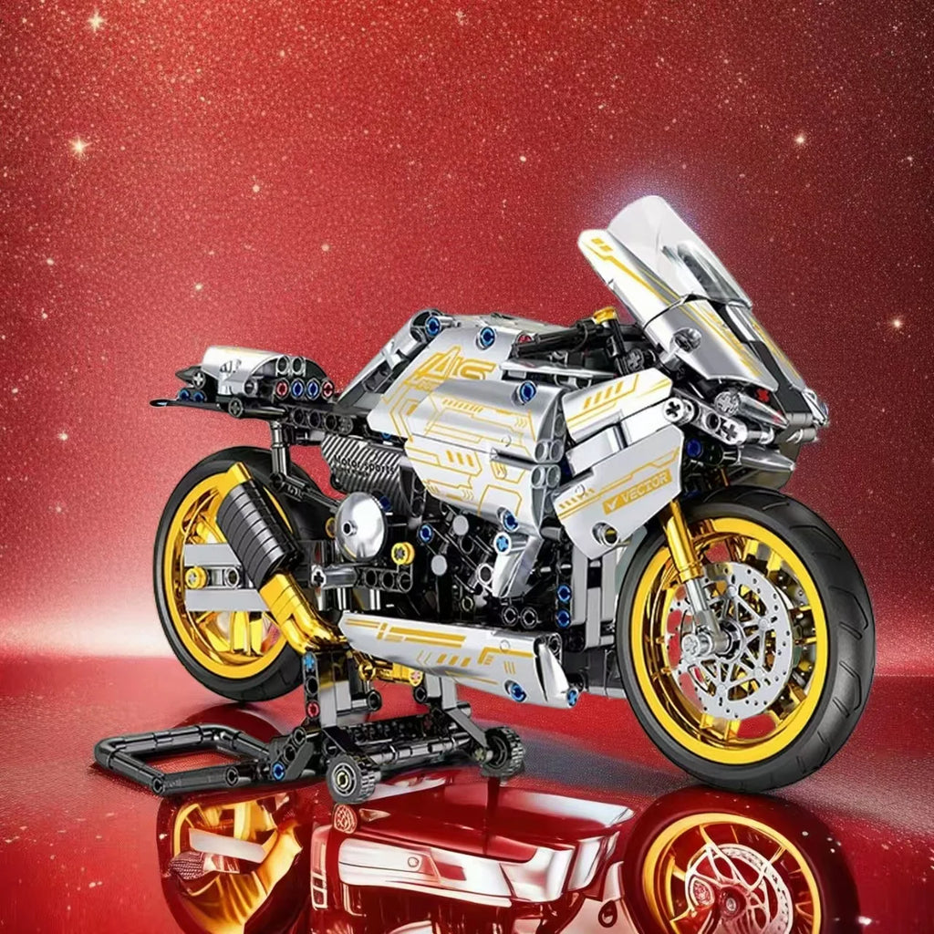 Toy motorcycle model on a reflective red surface with a starry background