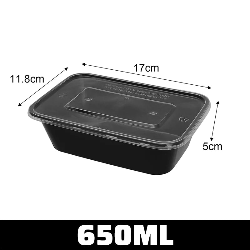 Black food container with measurements on a white background