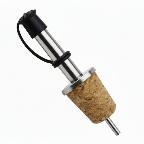 Cork stopper with metal base and black rubber band on a white background