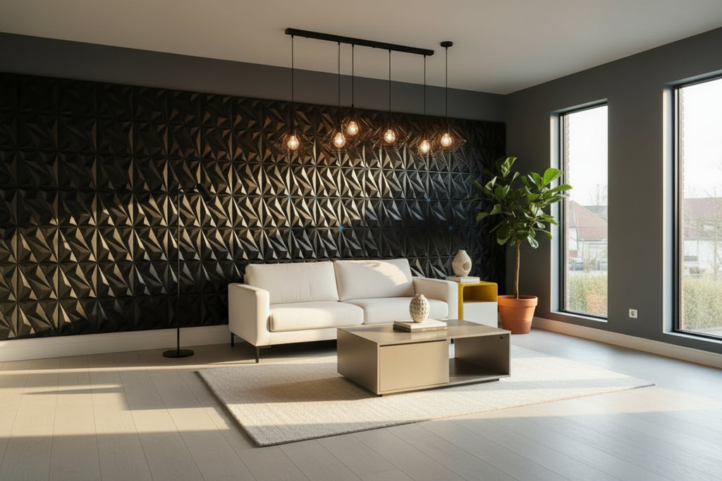 Modern living room with geometric wall design and gray sofa