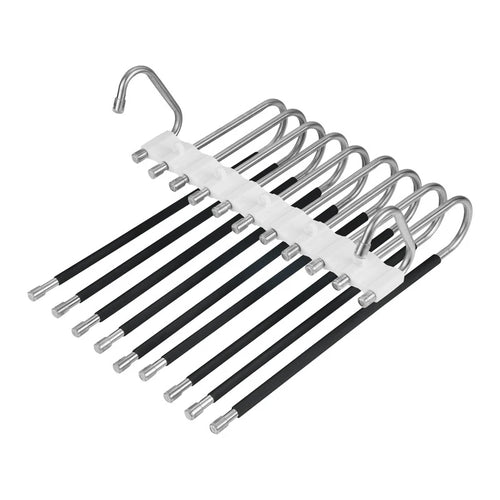 Set of metal hangers with black rods on a white background