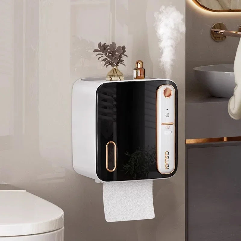 Wall-mounted paper towel holder with a black and white design in a bathroom setting.