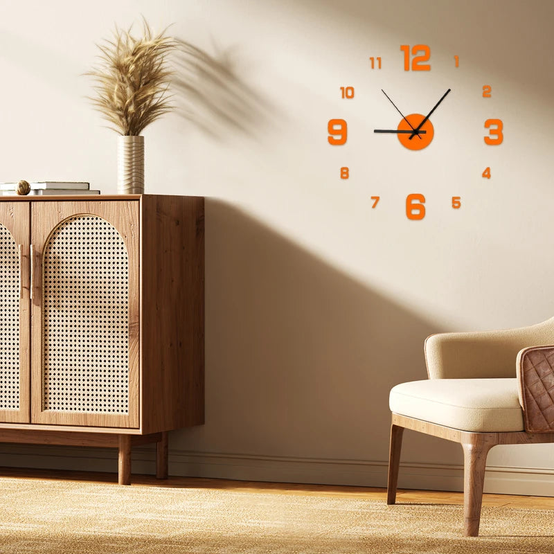 Modern living room with wooden cabinet, beige armchair, and orange wall clock.