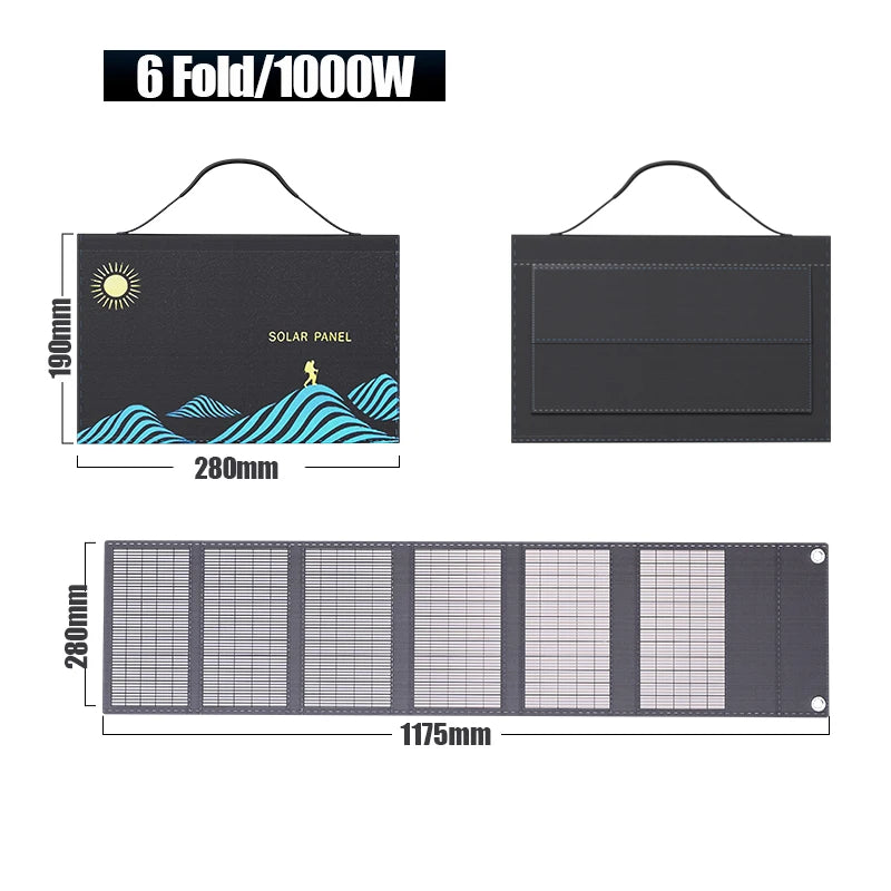 Folding solar panel with dimensions and specifications on a white background