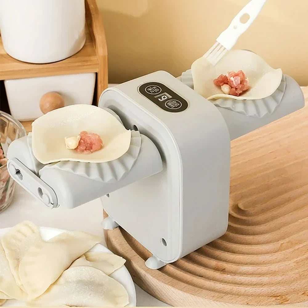 Dough press machine making dumplings on a wooden surface