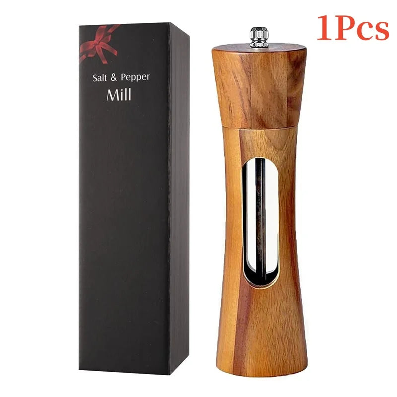 Wooden salt and pepper mill with a black box labeled 'Salt & Pepper Mill' on a white background.