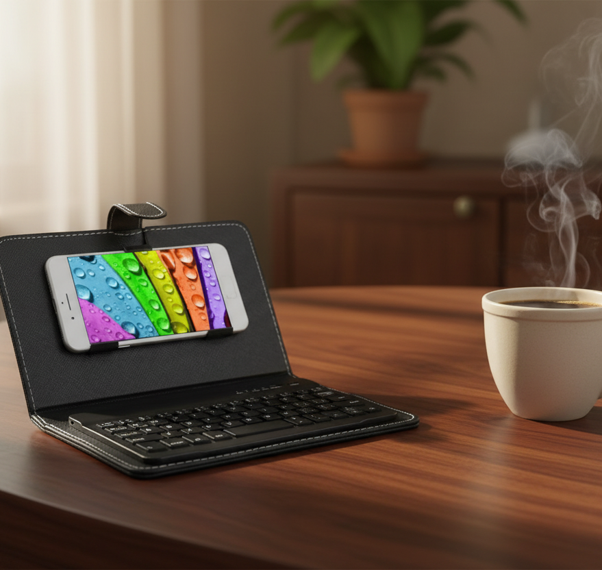 Black keyboard case with a smartphone displaying colorful app icons on a white background