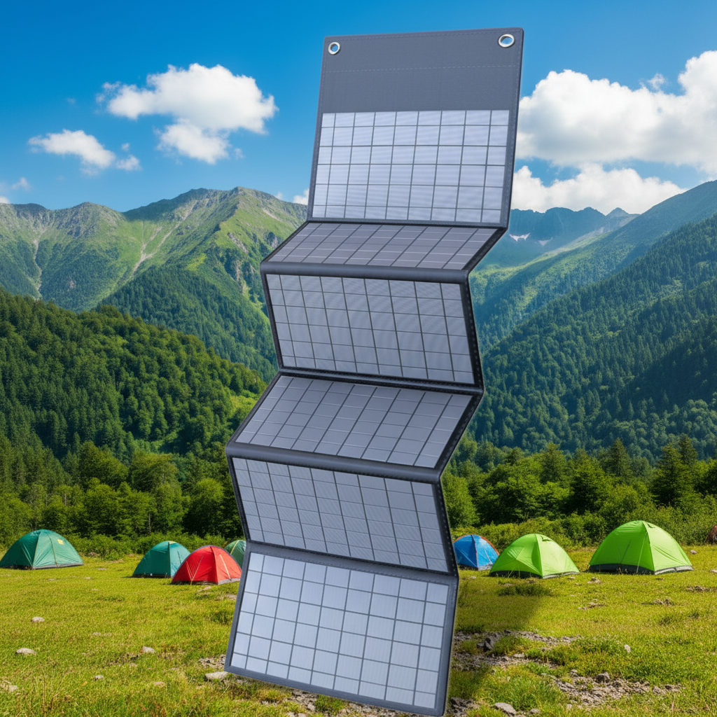 Foldable solar panel with grid pattern against a mountainous background
